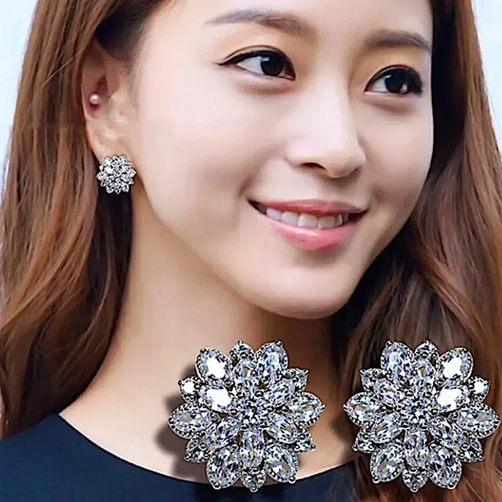 Sterling Silver 5CT Cubic Zircon Flower Snow Crystal Diamond Stud Earrings